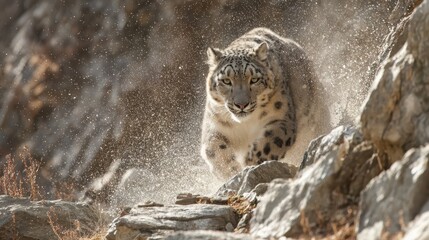 Fototapeta premium Snow leopard runs across rocky terrain in the mountains during daylight, capturing the essence of wild nature