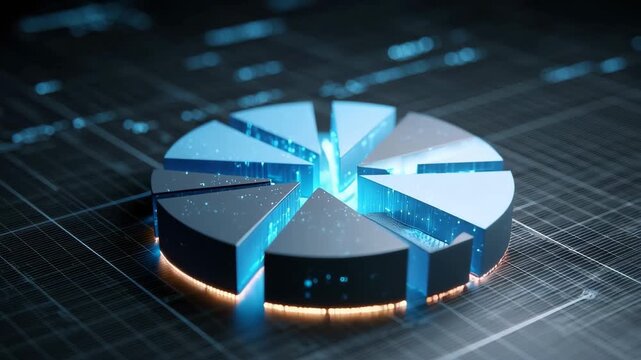 Dynamic 3D pie chart visualization with glowing segments and digital grid background