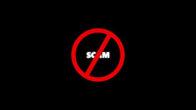 scam prohibition sign animation, black background .Caution warning symbol, alert, error sign. .4K motion animation