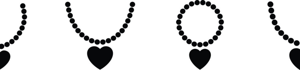 Obraz premium Heart pendant necklace chain variations, dotted jewelry design, romantic accessory artwork, black silhouette illustration, vector graphic, editable, isolated decorative fashion symbol