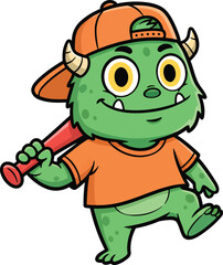 Obraz premium Cute Green Monster Baseball Character Vector Holding Bat in Fun Cartoon Mascot Style