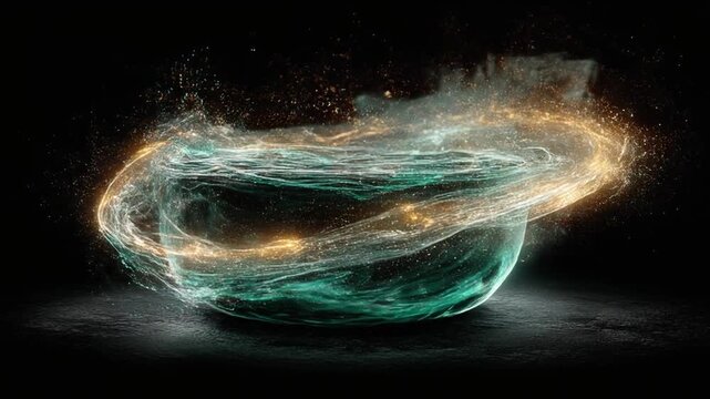 An ethereal glowing teal orb with swirling energy and gold sparks, against a stark black background