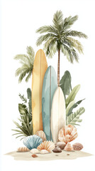 Obraz premium Watercolor Surfboards on Beach with Palms