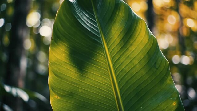 Close up of a large green leaf with yellow hues against a blurred natural background, sunlight streaming through