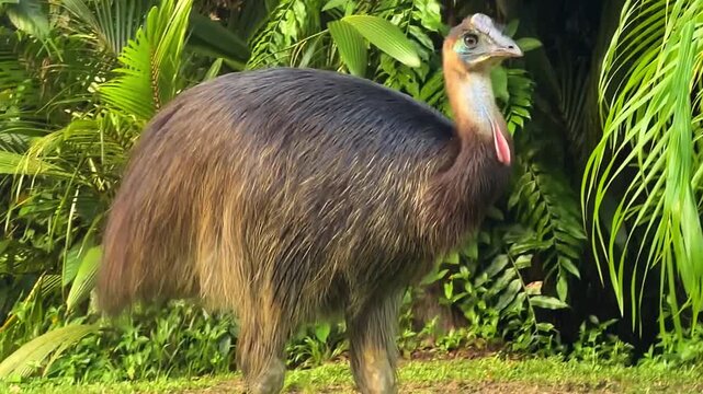 A juvenile cassowary moves slowly through dense rainforest vegetation, partially hidden by tropical plants. The young bird forages quietly before disappearing into the forest. Filmed at Mission beach 