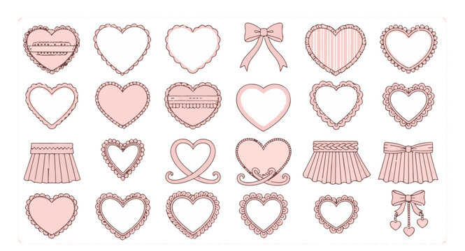 Pink aesthetic heart frames collection with lace ribbons, bows, and ruffled borders for romantic labels, wedding stationery, and Valentine design elements.