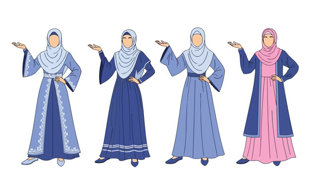 Four stylized illustrations depict women wearing traditional islamic clothing including hijabs and long dresses