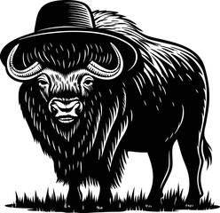 Obraz premium Black and white bison wearing a hat standing on grass, detailed wild animal illustration