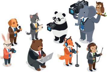 Various cartoon animals dressed as journalists and media professionals at work in a studio setting from a front viewpoint