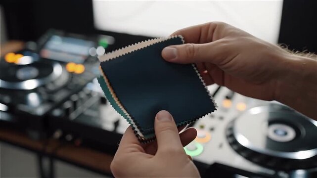 Close-up of hands holding different fabric swatches in a stylish workspace with music equipment in the background