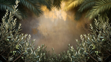 Naklejka premium Lush green olive branches frame a warm, hazy golden light in a tranquil natural setting.