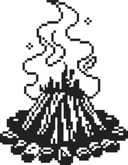 Fototapeta premium Pixel art campfire burning with logs and flames surrounded by stones on white background