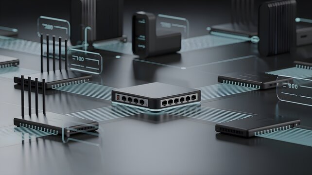 Network-as-a-service concept with ethernet switch, router, server and cable connector representing virtualized network delivery and managed connectivity.