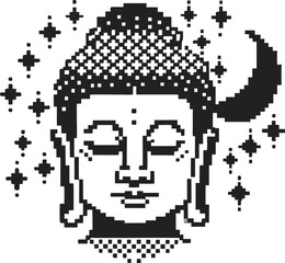 Obraz premium Pixel art buddha head with closed eyes, crescent moon and stars symbolizing peace and meditation