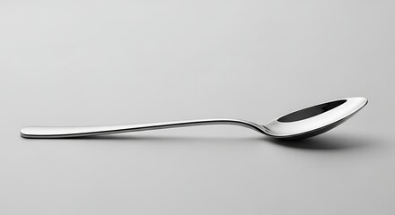 Side view of single spoon on simple background with soft natural reflection. Minimalist kitchen utensil stock photo for cooking, dining, product mockup, and household concept.