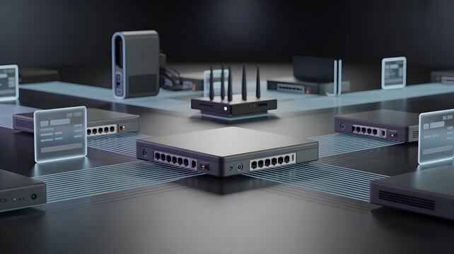 Server rack, switch, router and monitor connected on illuminated grid representing network as a service and virtualized network infrastructure.
