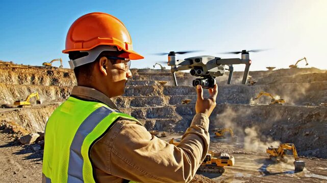 Construction site aerial drone survey with engineer in safety gear operating U A V above open pit mine excavation