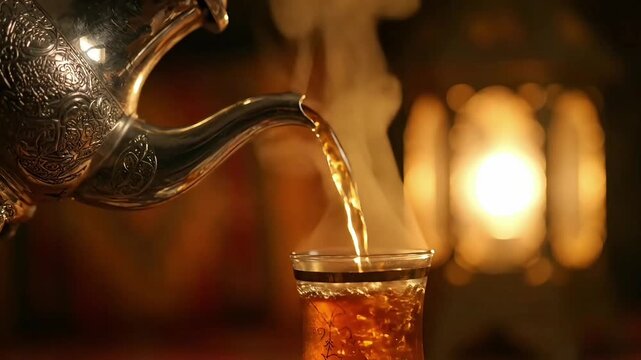 Experience the rich cultural tradition of a Moroccan Ramadan Iftar hot mint tea, a staple of traditional moroccan ramadan food and islamic culture, poured for evening festivities