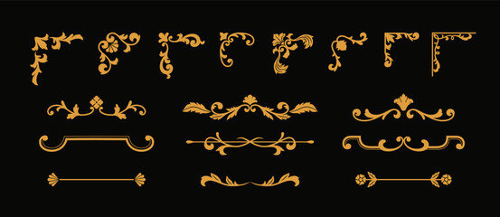 Golden divider and corner vintage ornate frames vector set, fancy decorative collection, floral line art border on black