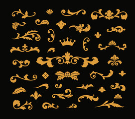 Fototapeta premium Curved golden arabesques in vintage Baroque style on a black isolated background.