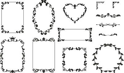 Obraz na płótnie Canvas Black vintage ornate frames, dividers and corners vector set, fancy decorative collection, line floral art borders