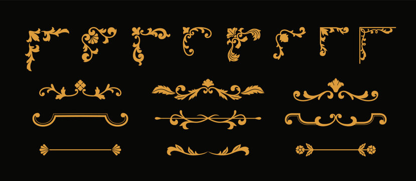 Golden divider and corner vintage ornate frames vector set, fancy decorative collection, floral line art border on black