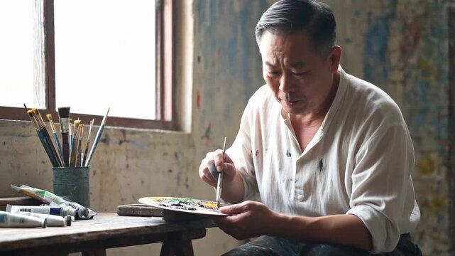 An artist concentrating on his work, carefully mixing paints on a wooden palette in a sunlit studio environment, surrounded by brushes and colorful backgrounds