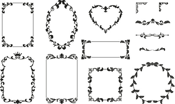 Black vintage ornate frames, dividers and corners vector set, fancy decorative collection, line floral art borders