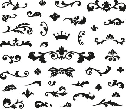 Black silhouettes of vintage swirls and borders in the Baroque style.