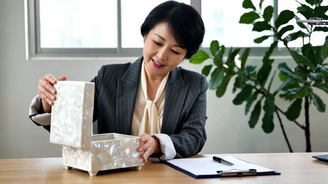 A confident woman in a formal suit examines a decorative box on a wooden table, with leafy plants in the background