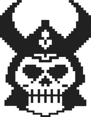 Fototapeta premium Pixel art samurai skull with horned helmet design in black and white