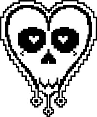 Obraz premium pixel art heart shaped skull with hollow eyes and dangling ornaments in monochrome retro
