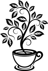 Tea cup with flourishing plant growing from inside, natural herbal beverage concept, creative simple design illustration