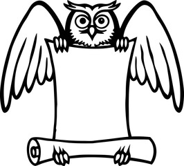 Owl with wings spread holding blank scroll and parchment for message or text announcement