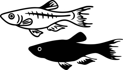 two stylized fish illustrations in black and white, one with skeletal design and one solid silhouette, aquatic life symbols