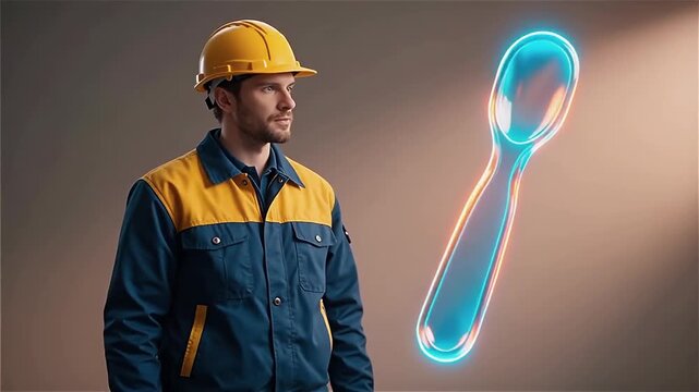 A construction worker in a safety helmet interacts with a digital tool icon against a neutral background, showcasing modern technology