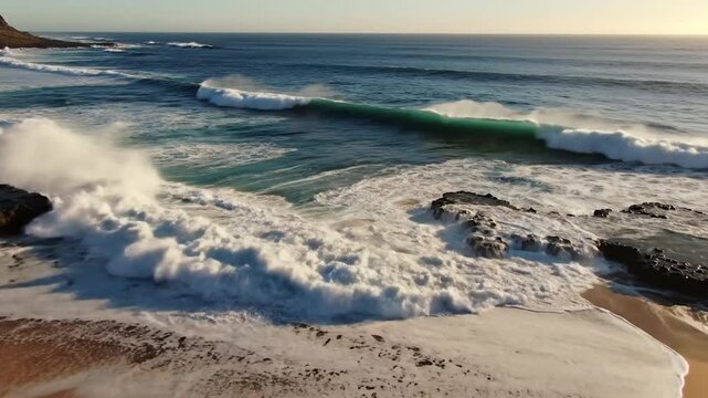Powerful ocean waves crash onto a rugged sandy beach with y formations at sunset
