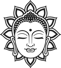 buddha face with closed eyes and serene expression surrounded by lotus petals mandala design
