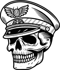 skull wearing military officer cap with winged emblem, detailed black and white illustration