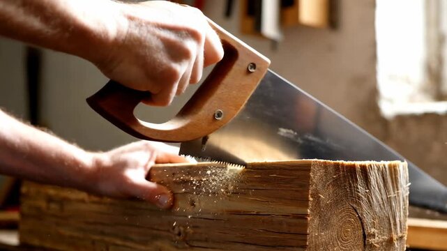 Close-up view of a craftsman using a handsaw to cut through a wooden plank in a well-lit workshop, showcasing the texture of the wood