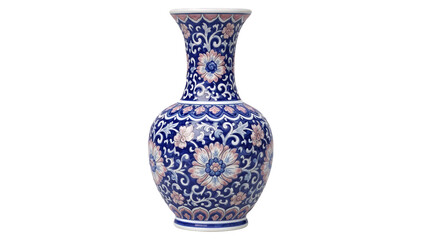 An ornate blue and white vase with floral patterns on transparent background displayed on a table