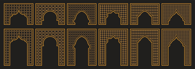Set of Islamic arch frames with gold geometric Arabic patterns on dark background
