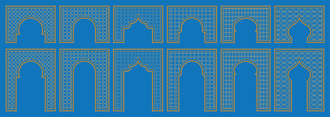 Set of Islamic Ramadan arch frames with gold geometric Arabic patterns