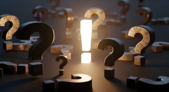 Illumination amidst Uncertainty: A glowing exclamation mark shines brightly, encircled by a multitude of question marks, signifying clarity emerging from a sea of inquiries and doubts. 