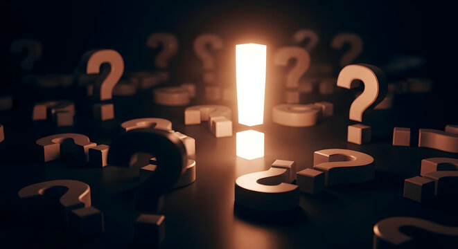 Illumination of Answer: A prominent exclamation mark illuminates amidst a multitude of question marks. representing the journey of seeking knowledge, finding solutions, and making a bold statement.