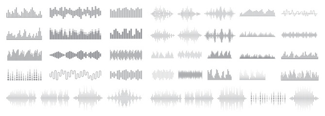 Podcast sound waves. Audio wave forms line, sound wave frequency or voice microphone signals. Music, podcast and broadcast and audio branding design. Sound wave