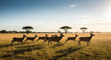 Herd of deer running through a grassy field under a bright sunny sky