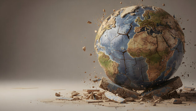 Cracked Globe Earth Shatters: Environmental Crisis, Global Issues, and Symbolic Representation of a Fragile Planet, Destruction and Ecological Concerns