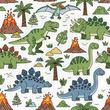 Cartoon Dinosaur Pattern Prehistoric Reptiles and Volcanic Landscape 1.