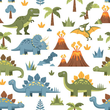 Cartoon Dinosaur Pattern Prehistoric Reptiles and Volcanic Landscape.